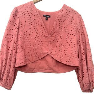 EXPRESS Crop Top M Pink Eyelet Embroidery Cotton Lined Long Sleeves